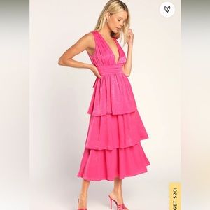 Lulus peak party vibe hot pink satin tiered midi dress